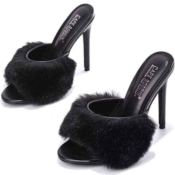 Cape Robbin Pryer Fur Round Toe Single Sole High Heels, Black Size 7 - Picture 1 of 7